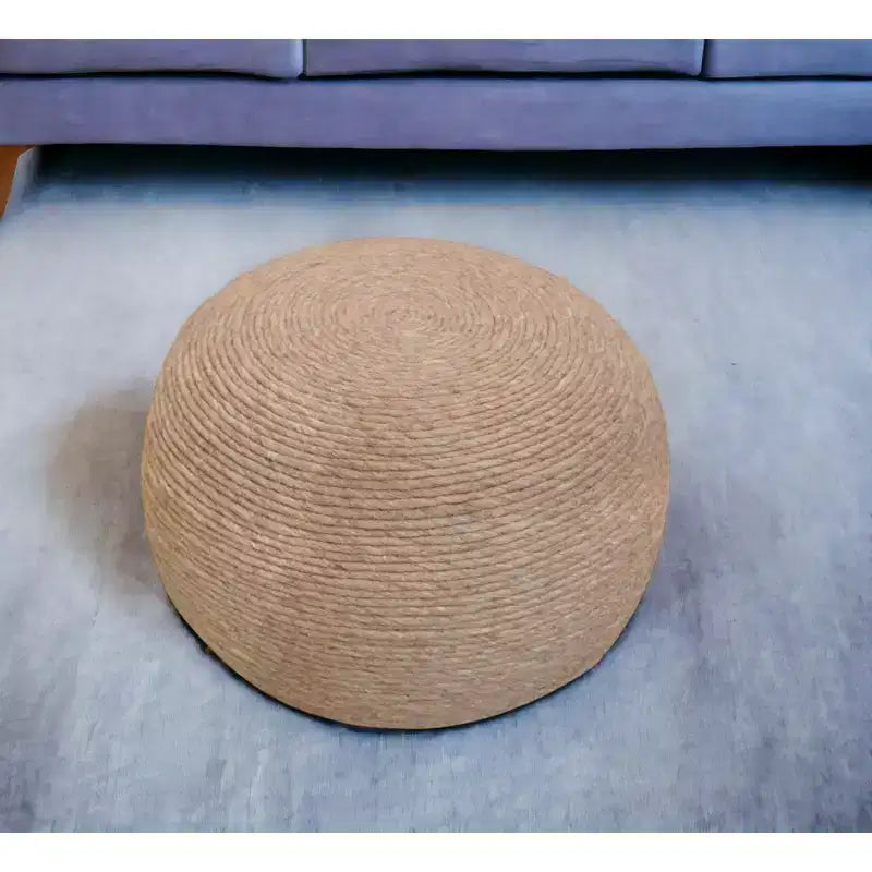 HomeRoots Pouf rond côtelé en laine beige 20 po