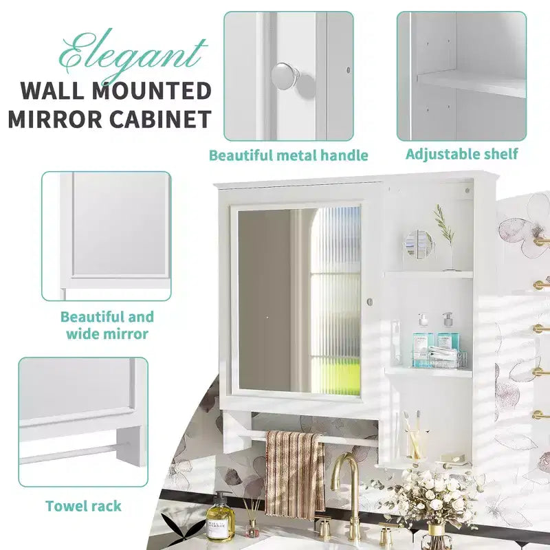 Meuble de rangement mural de salle de bain Whisen avec grande porte miroir et étagères réglables