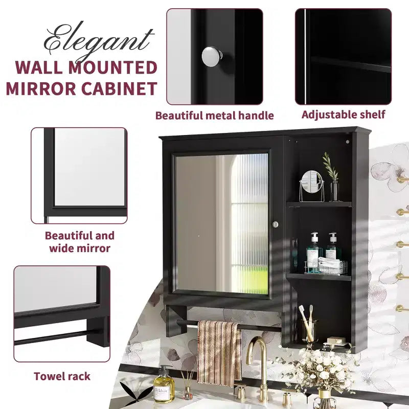 Meuble de rangement mural de salle de bain Whisen avec grande porte miroir et étagères réglables
