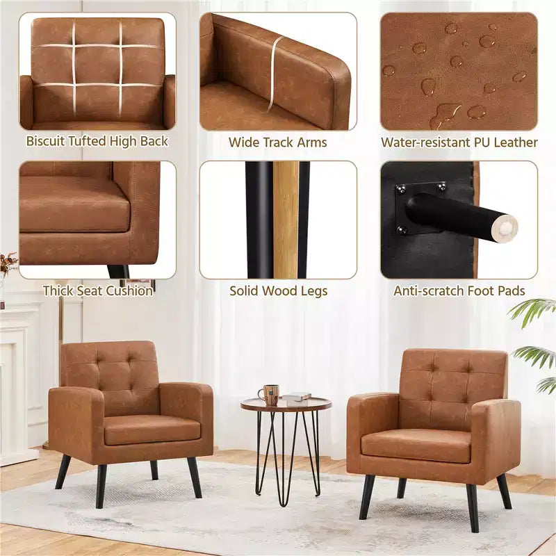 Yaheetech Lot de 2 Fauteuils d'Appoint en Similicuir avec Dossier Capitonnée et Pieds en Bois Massif