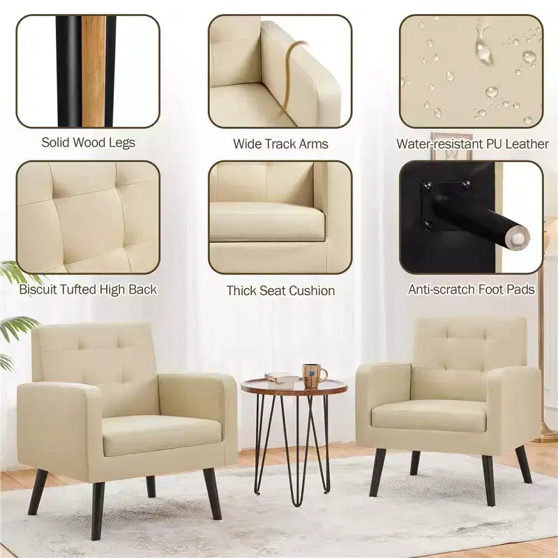 Yaheetech Lot de 2 Fauteuils d'Appoint en Similicuir avec Dossier Capitonnée et Pieds en Bois Massif