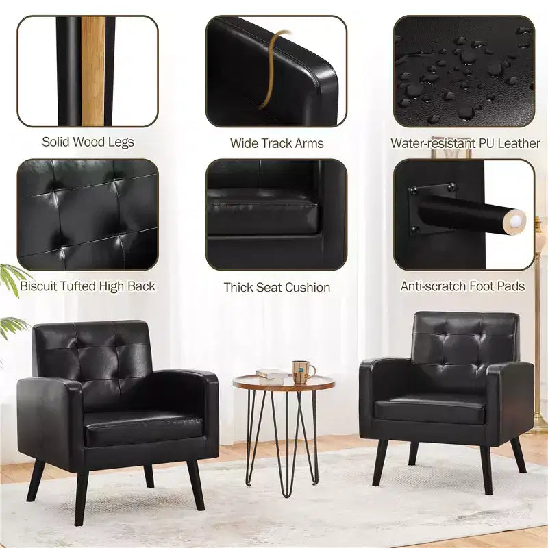Yaheetech Lot de 2 Fauteuils d'Appoint en Similicuir avec Dossier Capitonnée et Pieds en Bois Massif