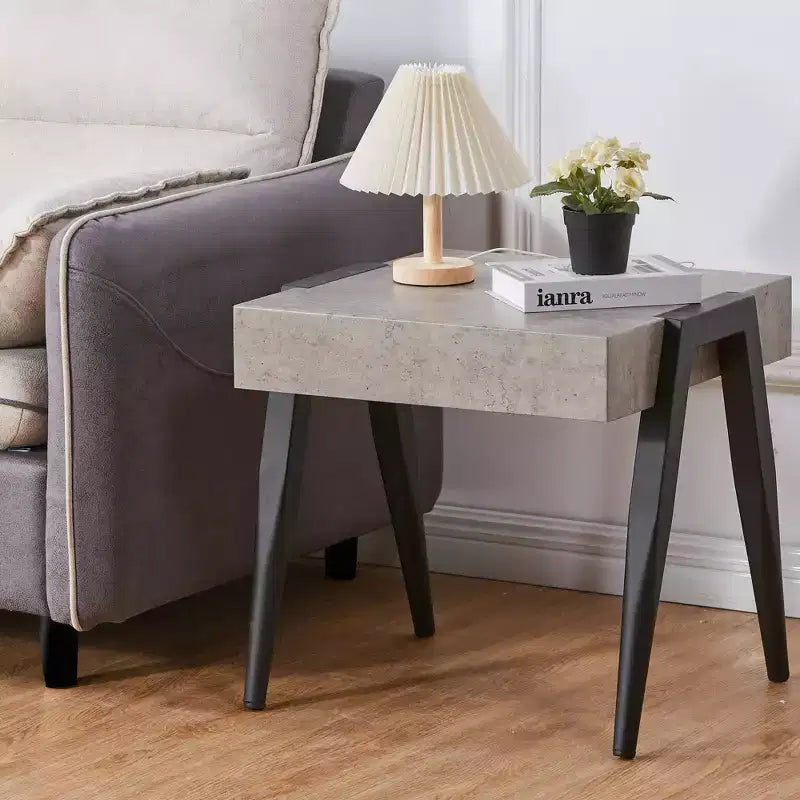 Kings Brand Furniture Camden Marble-Style Wood Side End Table, Nightstand, Sofa Table with Metal Legs for Living Room, Black/Gray