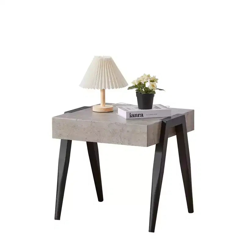 Table d'appoint King Brand Furniture Camden en bois style marbre, table de chevet, table de canapé avec pieds en métal pour salon, noir/gris