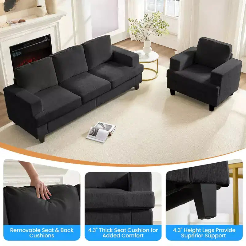 Mjkone 82Chenille Canapé sectionnel droit 3 places avec fauteuil 56'', ensemble de meubles de salon sectionnels 2 pièces