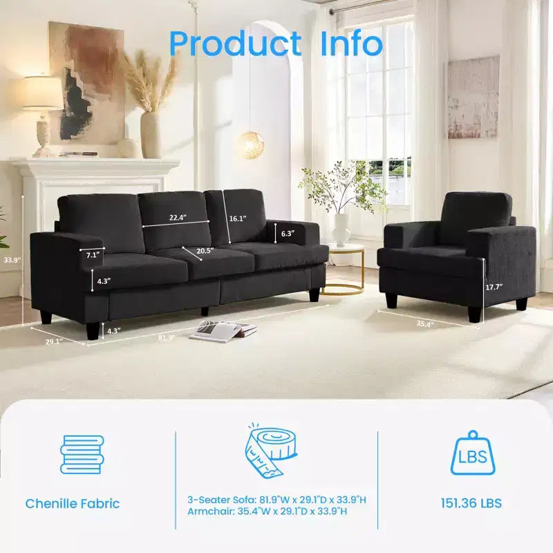 Mjkone 82Chenille Canapé sectionnel droit 3 places avec fauteuil 56'', ensemble de meubles de salon sectionnels 2 pièces