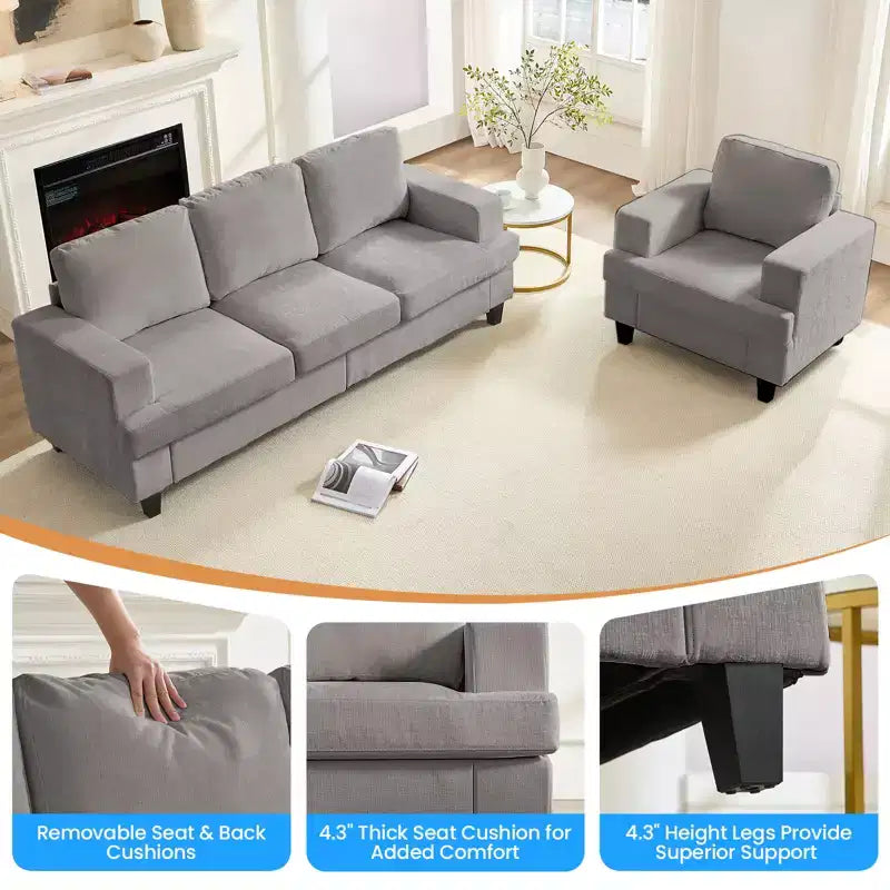 Mjkone 82Chenille Canapé sectionnel droit 3 places avec fauteuil 56'', ensemble de meubles de salon sectionnels 2 pièces
