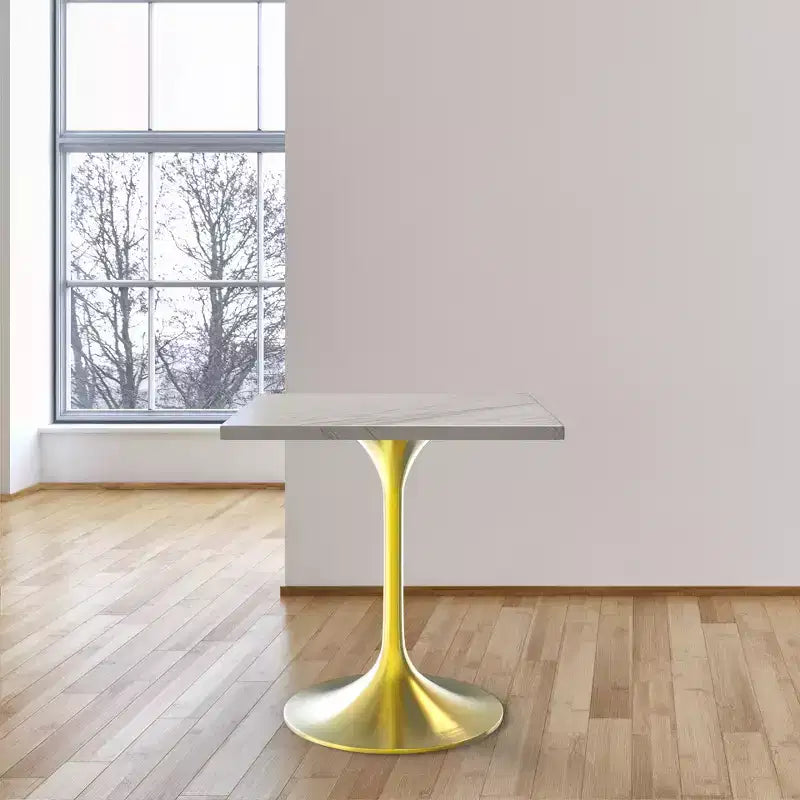 Table à manger carrée LeisureMod Verve - Plateau en résine moderne avec base piédestal en or brossé Table d'appoint pour cuisine contemporaine, maison et appartement