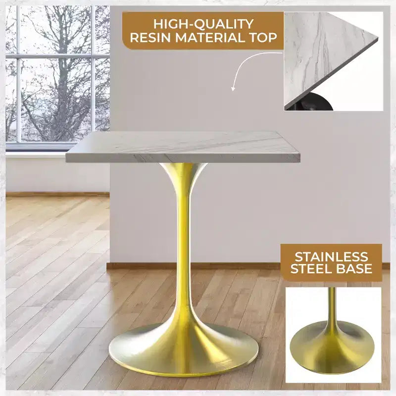 Table à manger carrée LeisureMod Verve - Plateau en résine moderne avec base piédestal en or brossé Table d'appoint pour cuisine contemporaine, maison et appartement