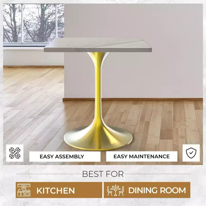 Table à manger carrée LeisureMod Verve - Plateau en résine moderne avec base piédestal en or brossé Table d'appoint pour cuisine contemporaine, maison et appartement