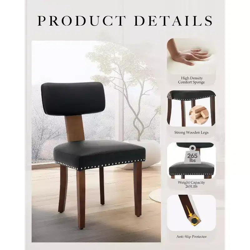 Lot de 2 chaises de salle à manger modernes en cuir avec dossier incurvé rembourré, cadre en bois dur et garniture cloutée, capacité de 120 kg