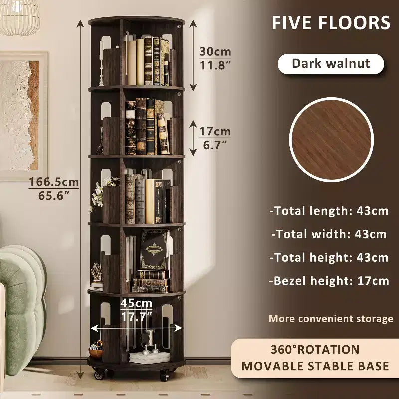 ATJafurn 17.7'' Bibliothèque Tour Rotative à 360°, Étagère d'Angle Pivotante, Bibliothèque Pivotante Noyer Foncé Style Mid-Century Moderne Pour Maison, Bureau, Angle