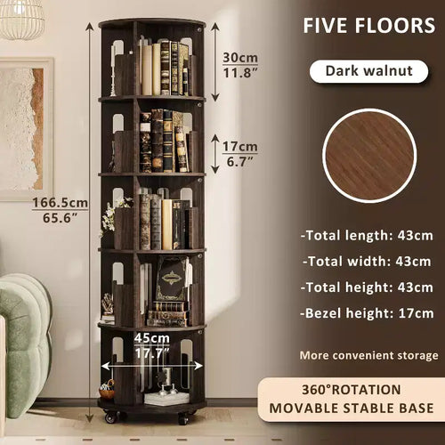 ATJafurn 17.7'' Bibliothèque Tour Rotative à 360°, Étagère d'Angle Pivotante, Bibliothèque Pivotante Noyer Foncé Style Mid-Century Moderne Pour Maison, Bureau, Angle