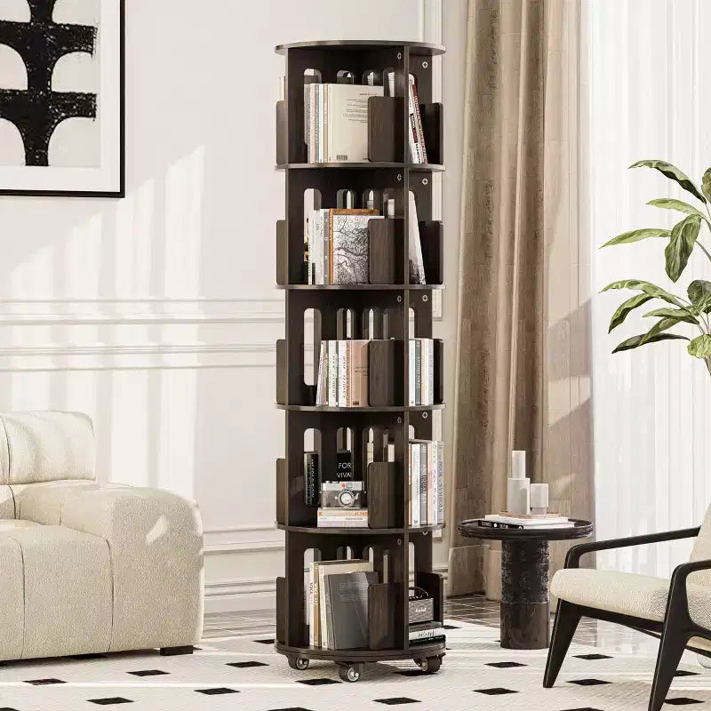 ATJafurn 17.7'' Bibliothèque Tour Rotative à 360°, Étagère d'Angle Pivotante, Bibliothèque Pivotante Noyer Foncé Style Mid-Century Moderne Pour Maison, Bureau, Angle