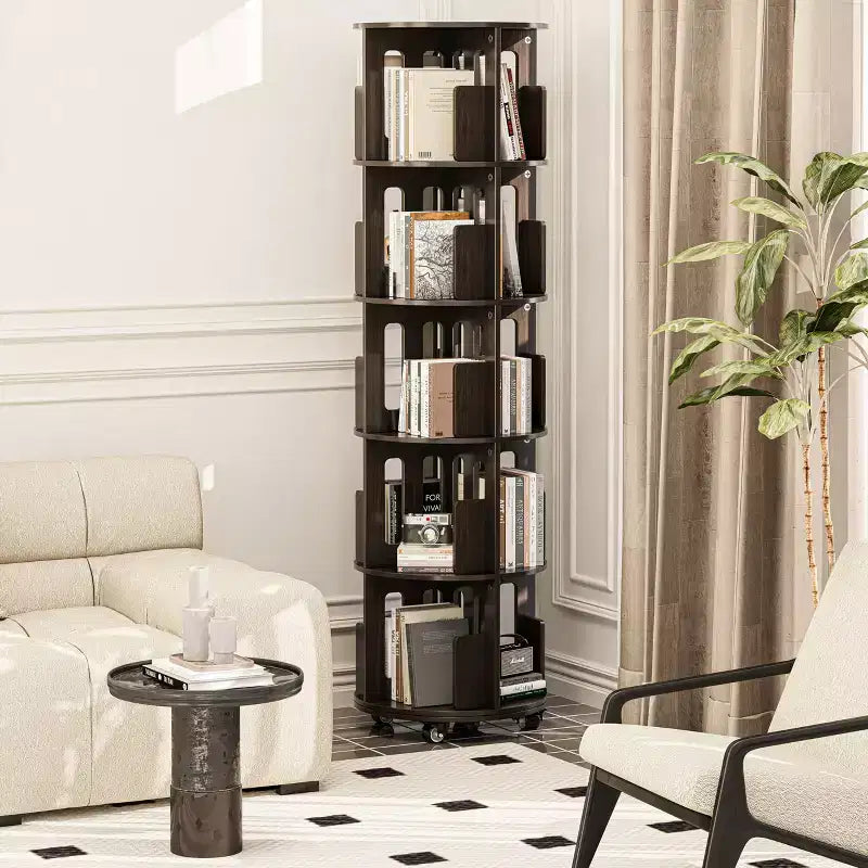 ATJafurn 17.7'' Bibliothèque Tour Rotative à 360°, Étagère d'Angle Pivotante, Bibliothèque Pivotante Noyer Foncé Style Mid-Century Moderne Pour Maison, Bureau, Angle