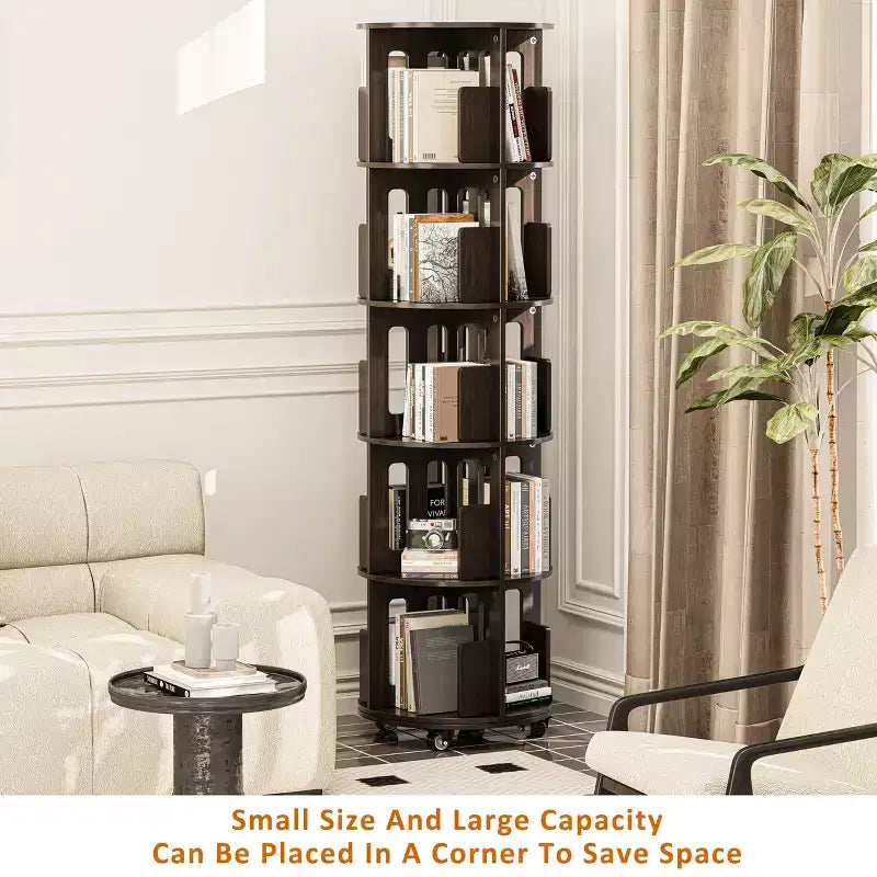 ATJafurn 17.7'' Bibliothèque Tour Rotative à 360°, Étagère d'Angle Pivotante, Bibliothèque Pivotante Noyer Foncé Style Mid-Century Moderne Pour Maison, Bureau, Angle