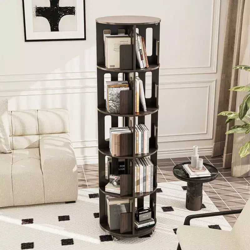 ATJafurn 17.7'' Bibliothèque Tour Rotative à 360°, Étagère d'Angle Pivotante, Bibliothèque Pivotante Noyer Foncé Style Mid-Century Moderne Pour Maison, Bureau, Angle