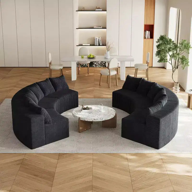 Canapé sectionnel incurvé en velours côtelé avec 8 oreillers, Canapé modulaire symétrique incurvé semi-circulaire (quatre modules)