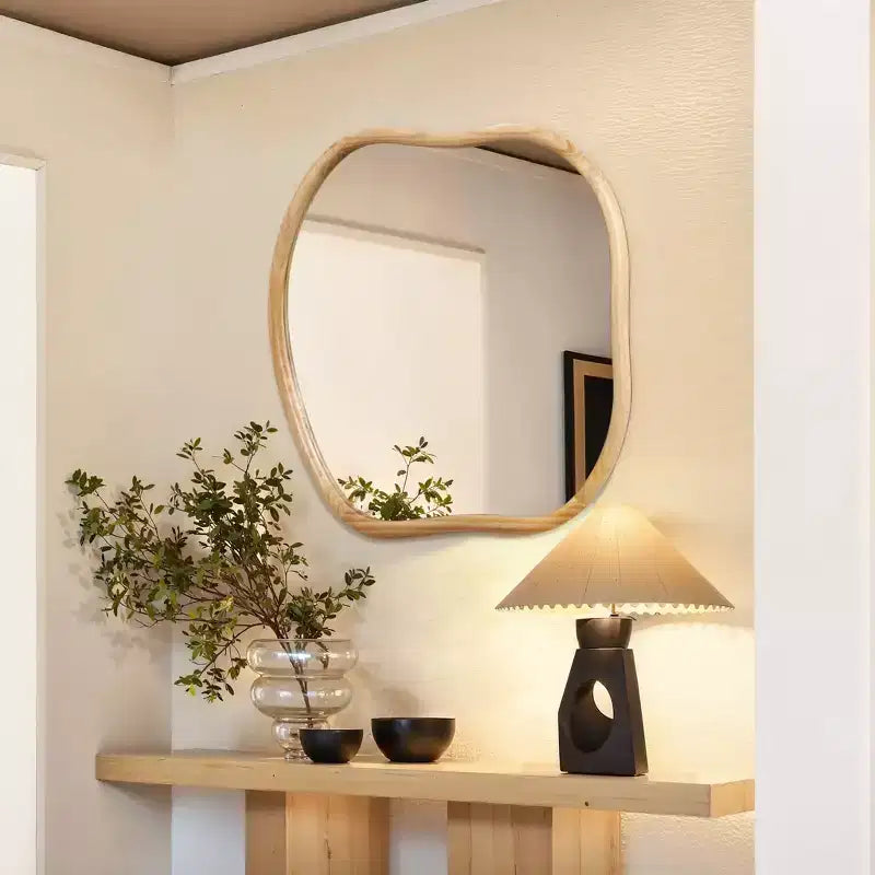 Miroir mural carré irrégulier en bois de pin naturel LuxenHome, décoratif et de courtoisie, marron