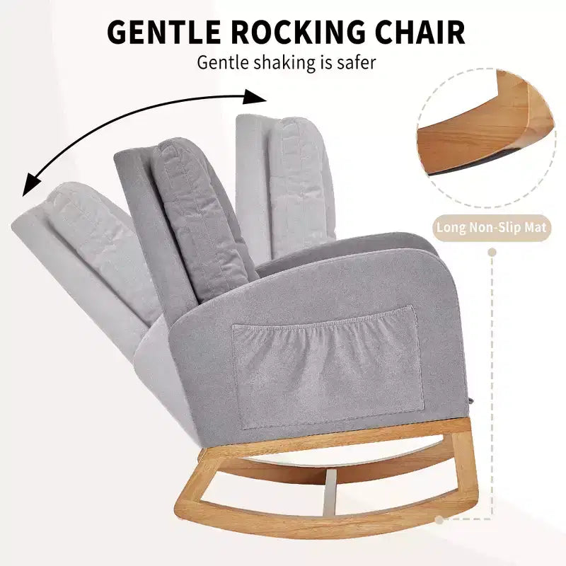 VECELO Fauteuil à bascule moderne rembourré avec assise rembourrée et base en bois massif, Fauteuil à bascule en lin pour salon, Blanc/Gris