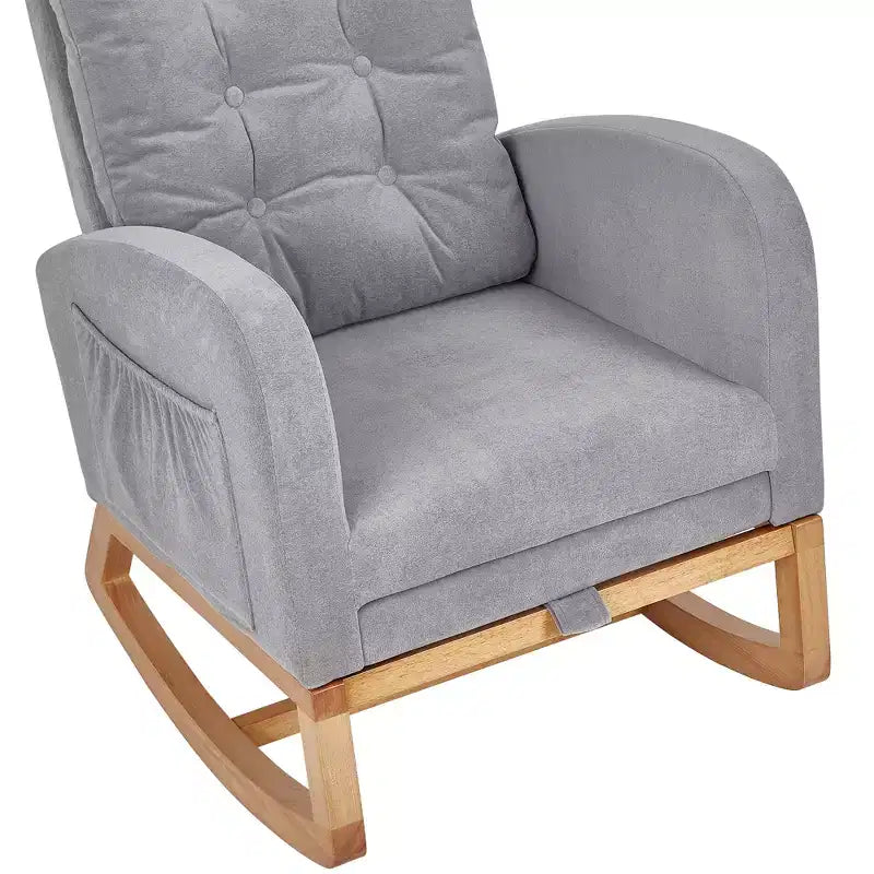 VECELO Fauteuil à bascule moderne rembourré avec assise rembourrée et base en bois massif, Fauteuil à bascule en lin pour salon, Blanc/Gris