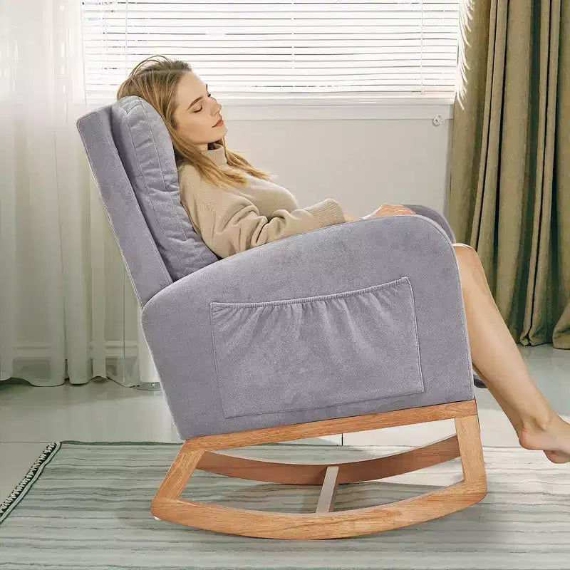 VECELO Fauteuil à bascule moderne rembourré avec assise rembourrée et base en bois massif, Fauteuil à bascule en lin pour salon, Blanc/Gris