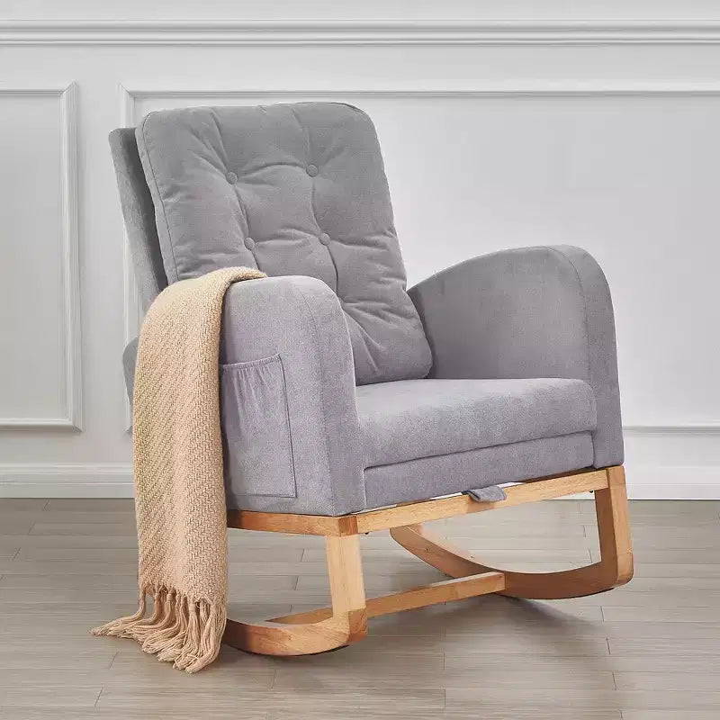 VECELO Fauteuil à bascule moderne rembourré avec assise rembourrée et base en bois massif, Fauteuil à bascule en lin pour salon, Blanc/Gris