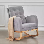 VECELO Fauteuil à bascule moderne rembourré avec assise rembourrée et base en bois massif, Fauteuil à bascule en lin pour salon, Blanc/Gris