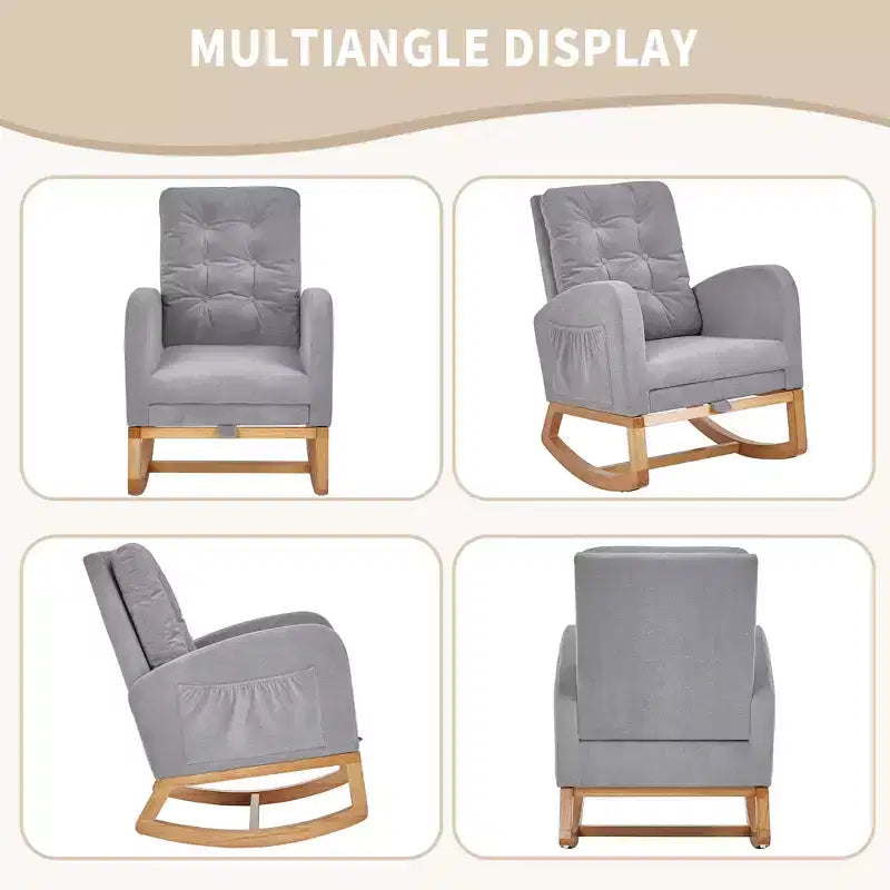 VECELO Fauteuil à bascule moderne rembourré avec assise rembourrée et base en bois massif, Fauteuil à bascule en lin pour salon, Blanc/Gris