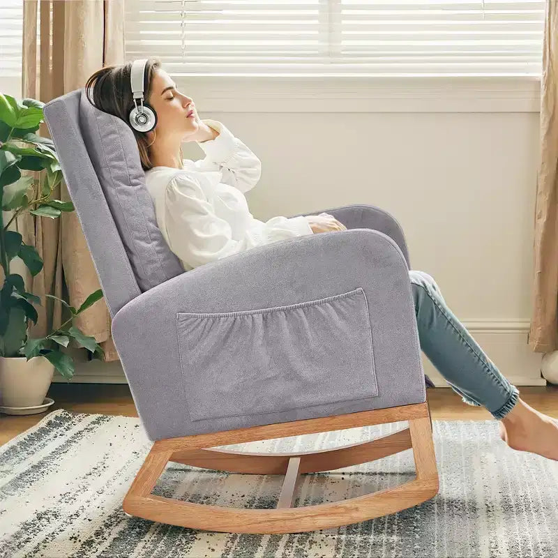 VECELO Fauteuil à bascule moderne rembourré avec assise rembourrée et base en bois massif, Fauteuil à bascule en lin pour salon, Blanc/Gris