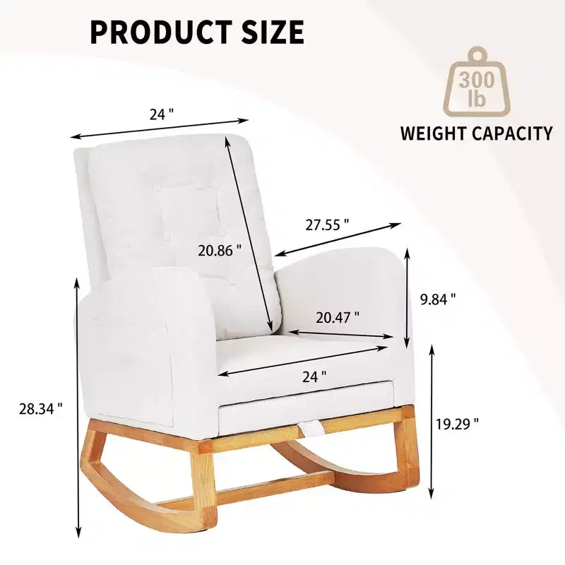 VECELO Fauteuil à bascule moderne rembourré avec assise rembourrée et base en bois massif, Fauteuil à bascule en lin pour salon, Blanc/Gris