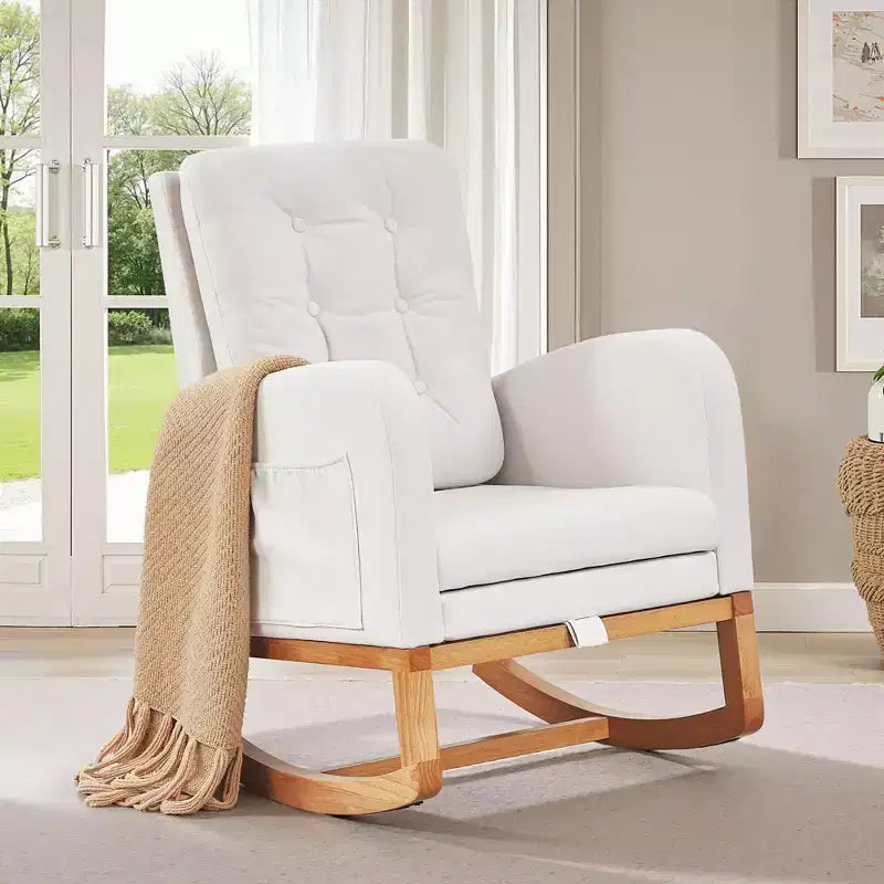 VECELO Fauteuil à bascule moderne rembourré avec assise rembourrée et base en bois massif, Fauteuil à bascule en lin pour salon, Blanc/Gris