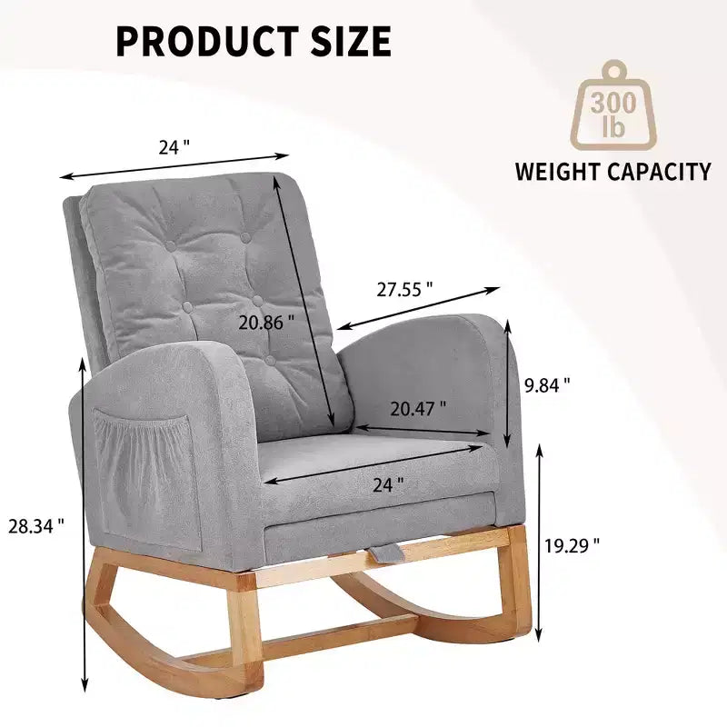 VECELO Fauteuil à bascule moderne rembourré avec assise rembourrée et base en bois massif, Fauteuil à bascule en lin pour salon, Blanc/Gris