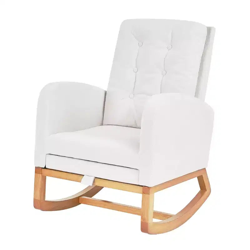 VECELO Fauteuil à bascule moderne rembourré avec assise rembourrée et base en bois massif, Fauteuil à bascule en lin pour salon, Blanc/Gris
