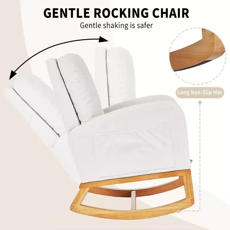 VECELO Fauteuil à bascule moderne rembourré avec assise rembourrée et base en bois massif, Fauteuil à bascule en lin pour salon, Blanc/Gris