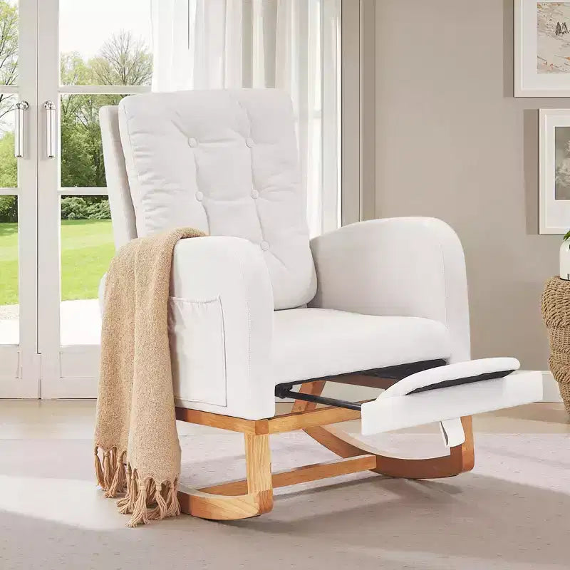 VECELO Fauteuil à bascule moderne rembourré avec assise rembourrée et base en bois massif, Fauteuil à bascule en lin pour salon, Blanc/Gris