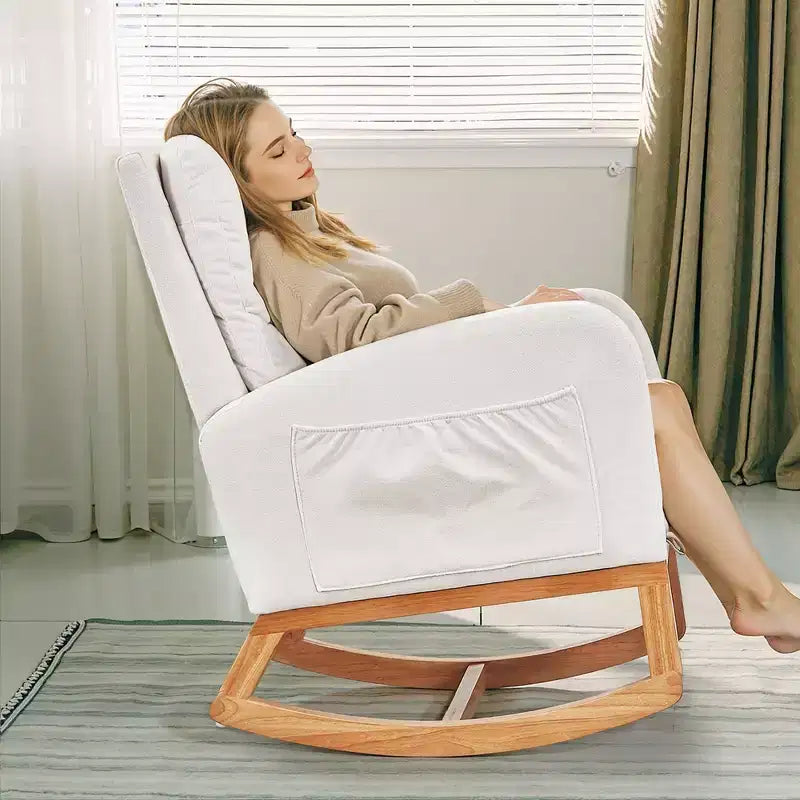 VECELO Fauteuil à bascule moderne rembourré avec assise rembourrée et base en bois massif, Fauteuil à bascule en lin pour salon, Blanc/Gris