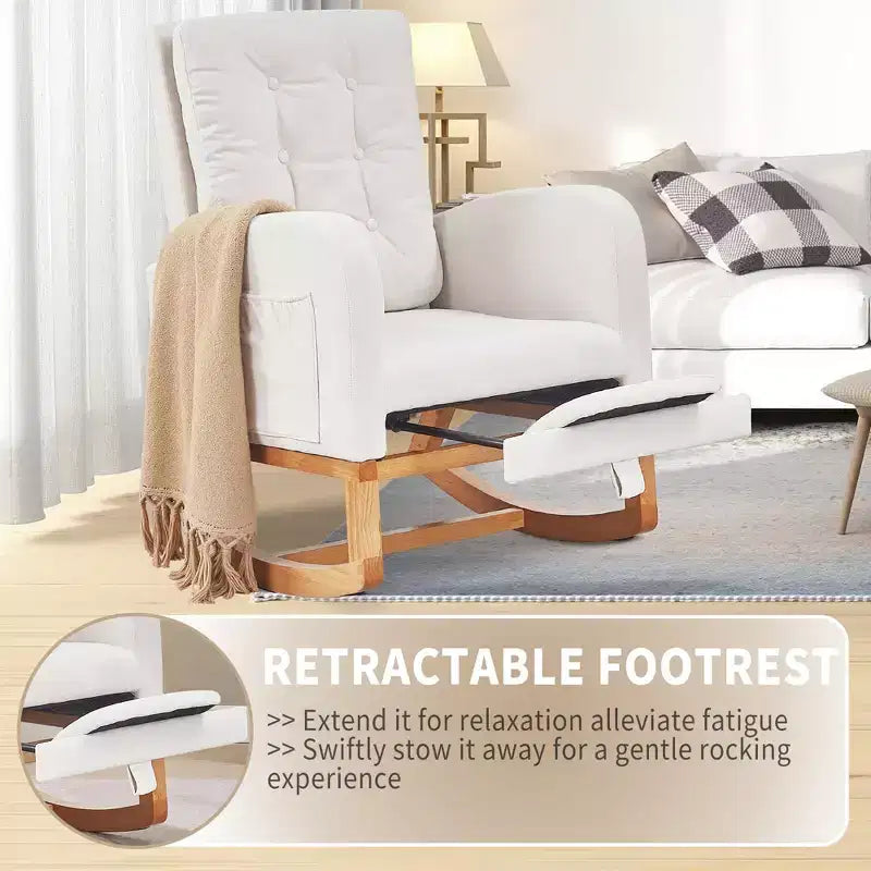 VECELO Fauteuil à bascule moderne rembourré avec assise rembourrée et base en bois massif, Fauteuil à bascule en lin pour salon, Blanc/Gris