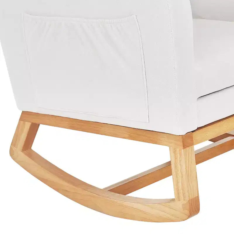 VECELO Fauteuil à bascule moderne rembourré avec assise rembourrée et base en bois massif, Fauteuil à bascule en lin pour salon, Blanc/Gris