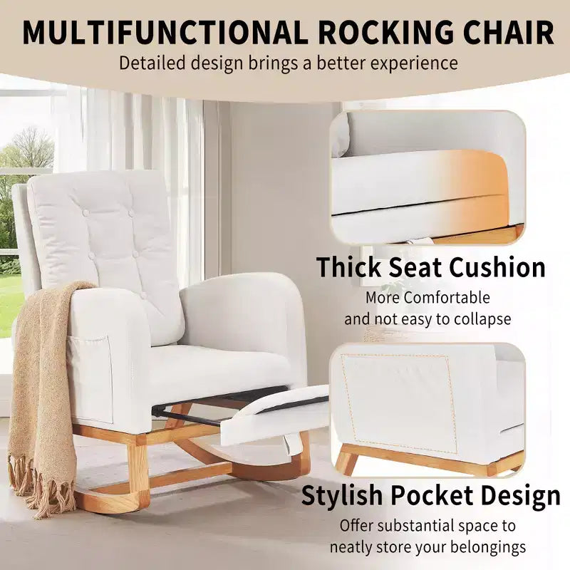 VECELO Fauteuil à bascule moderne rembourré avec assise rembourrée et base en bois massif, Fauteuil à bascule en lin pour salon, Blanc/Gris