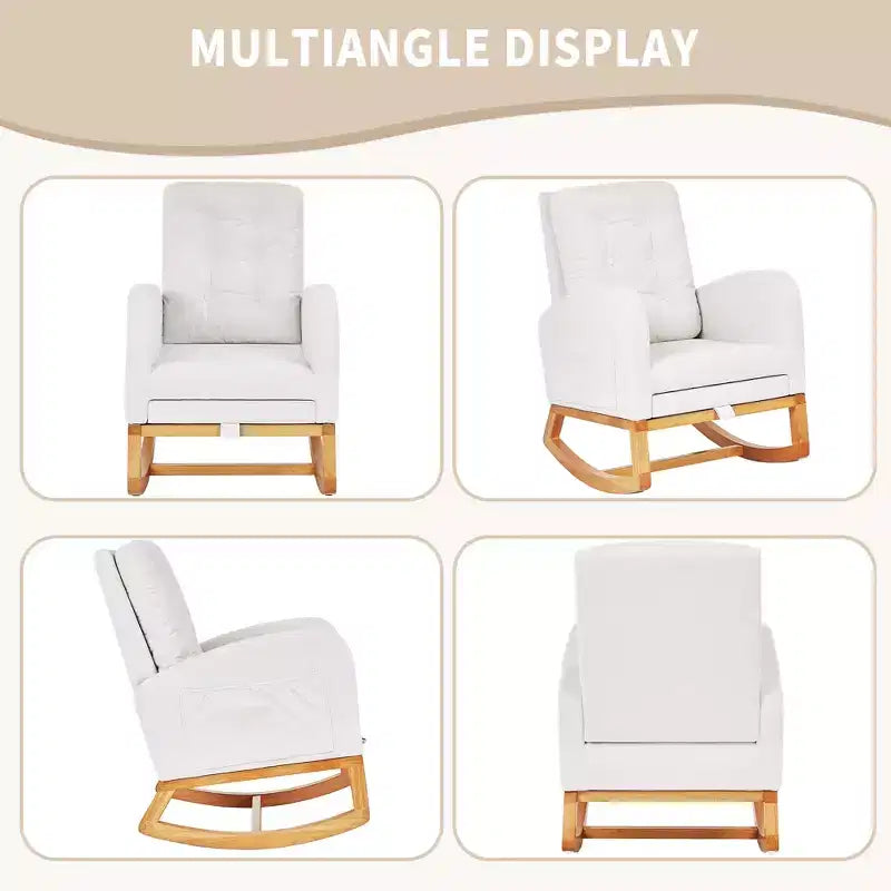 VECELO Fauteuil à bascule moderne rembourré avec assise rembourrée et base en bois massif, Fauteuil à bascule en lin pour salon, Blanc/Gris