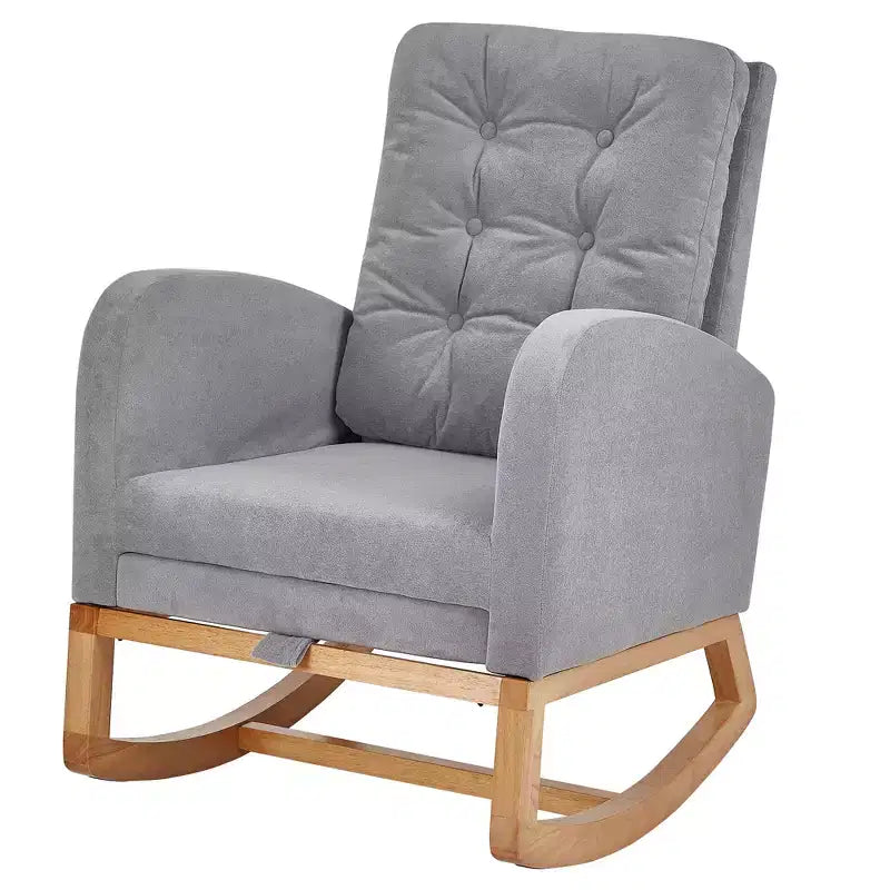VECELO Fauteuil à bascule moderne rembourré avec assise rembourrée et base en bois massif, Fauteuil à bascule en lin pour salon, Blanc/Gris
