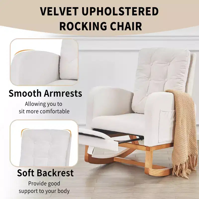 VECELO Fauteuil à bascule moderne rembourré avec assise rembourrée et base en bois massif, Fauteuil à bascule en lin pour salon, Blanc/Gris