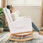 VECELO Fauteuil à bascule moderne rembourré avec assise rembourrée et base en bois massif, Fauteuil à bascule en lin pour salon, Blanc/Gris
