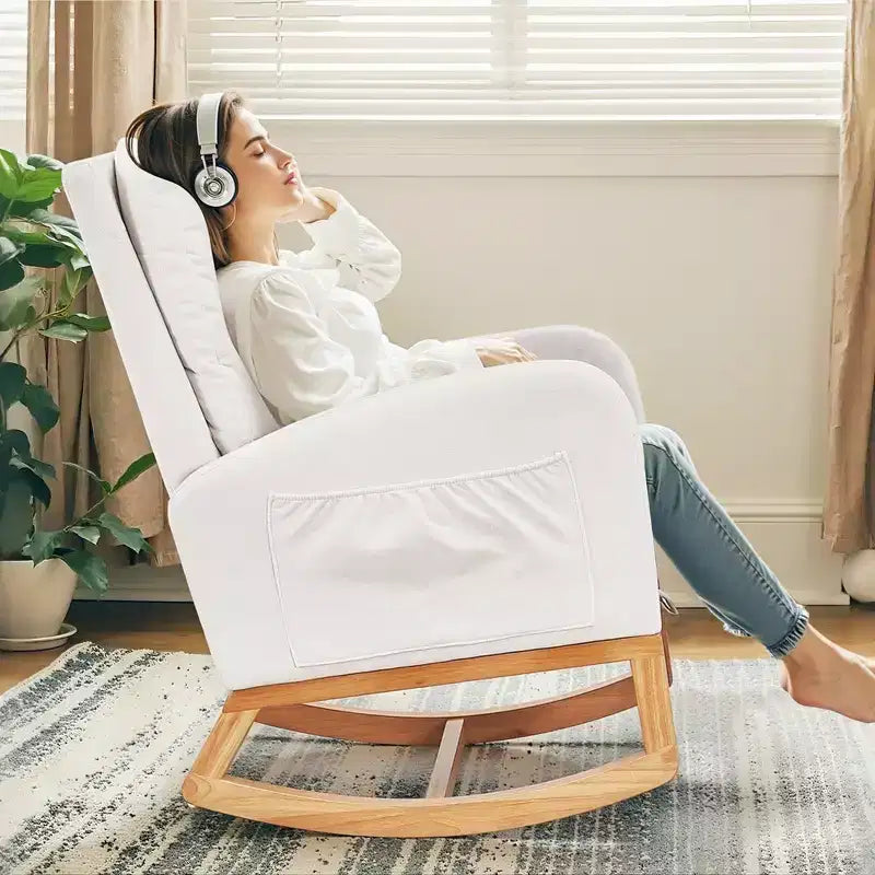 VECELO Fauteuil à bascule moderne rembourré avec assise rembourrée et base en bois massif, Fauteuil à bascule en lin pour salon, Blanc/Gris