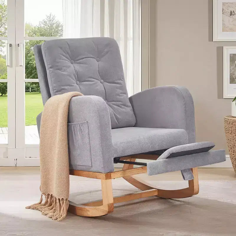 VECELO Fauteuil à bascule moderne rembourré avec assise rembourrée et base en bois massif, Fauteuil à bascule en lin pour salon, Blanc/Gris