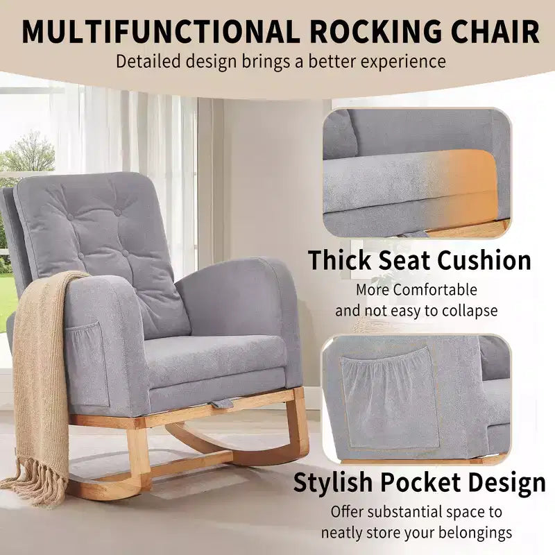 VECELO Fauteuil à bascule moderne rembourré avec assise rembourrée et base en bois massif, Fauteuil à bascule en lin pour salon, Blanc/Gris