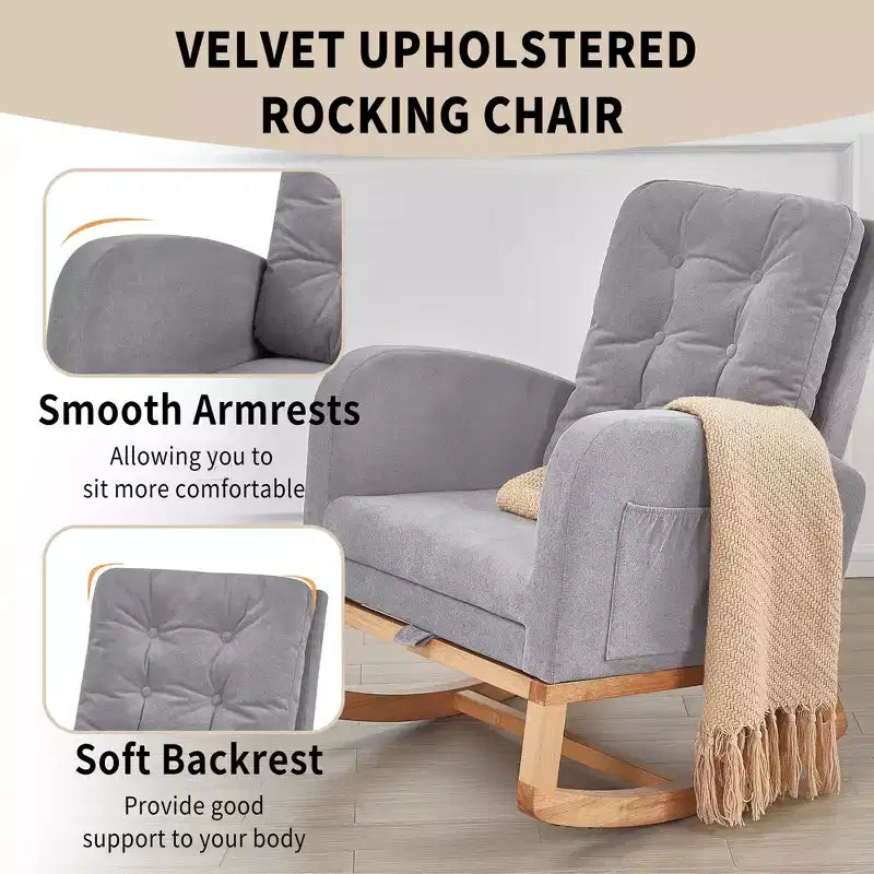 VECELO Fauteuil à bascule moderne rembourré avec assise rembourrée et base en bois massif, Fauteuil à bascule en lin pour salon, Blanc/Gris