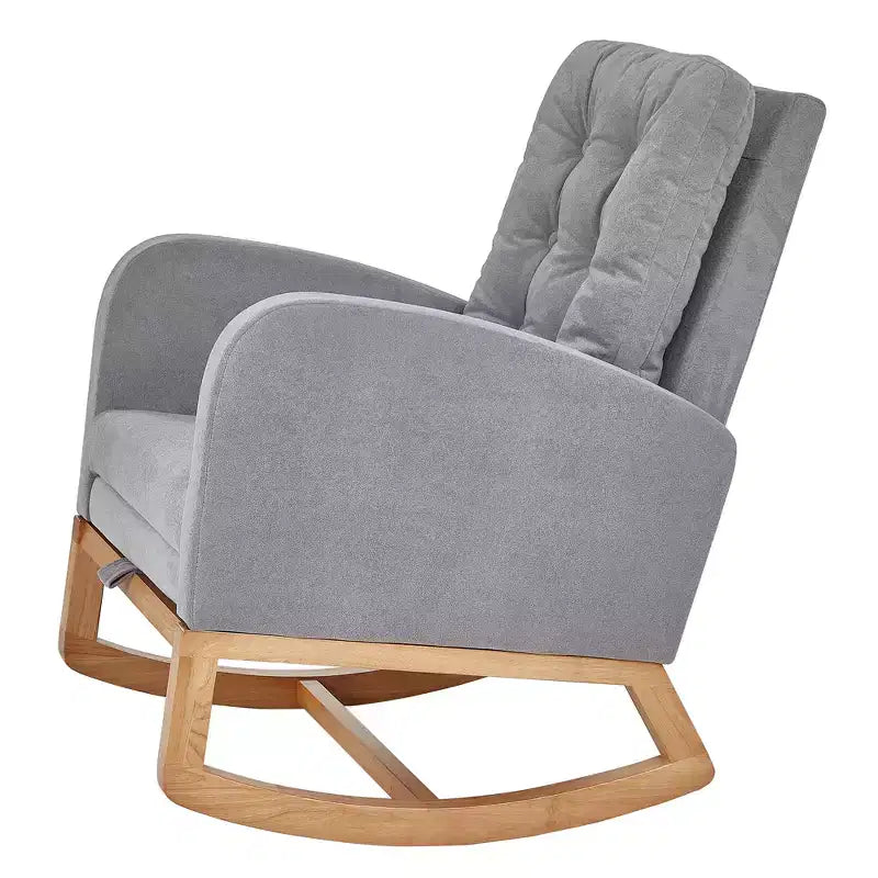 VECELO Fauteuil à bascule moderne rembourré avec assise rembourrée et base en bois massif, Fauteuil à bascule en lin pour salon, Blanc/Gris