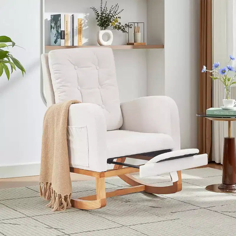 VECELO Fauteuil à bascule moderne rembourré avec assise rembourrée et base en bois massif, Fauteuil à bascule en lin pour salon, Blanc/Gris